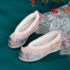 Vintage Embroidery Wave Print Pearl Fuzzy Trim Flats Shoes - Modakawa Modakawa