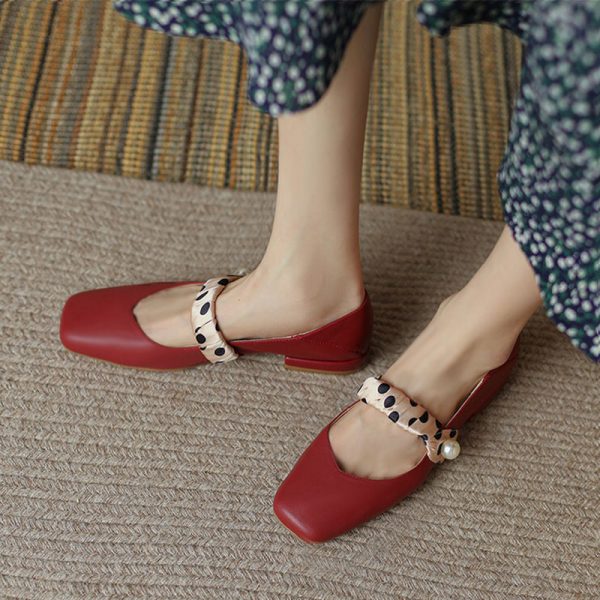 Vintage Pearl Square Toe Mary Janes Flats Shoes - Modakawa Modakawa