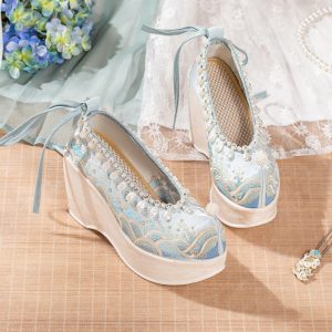 Vintage Embroidery Wave Print Pearl Platform High Heels Shoes - Modakawa Modakawa